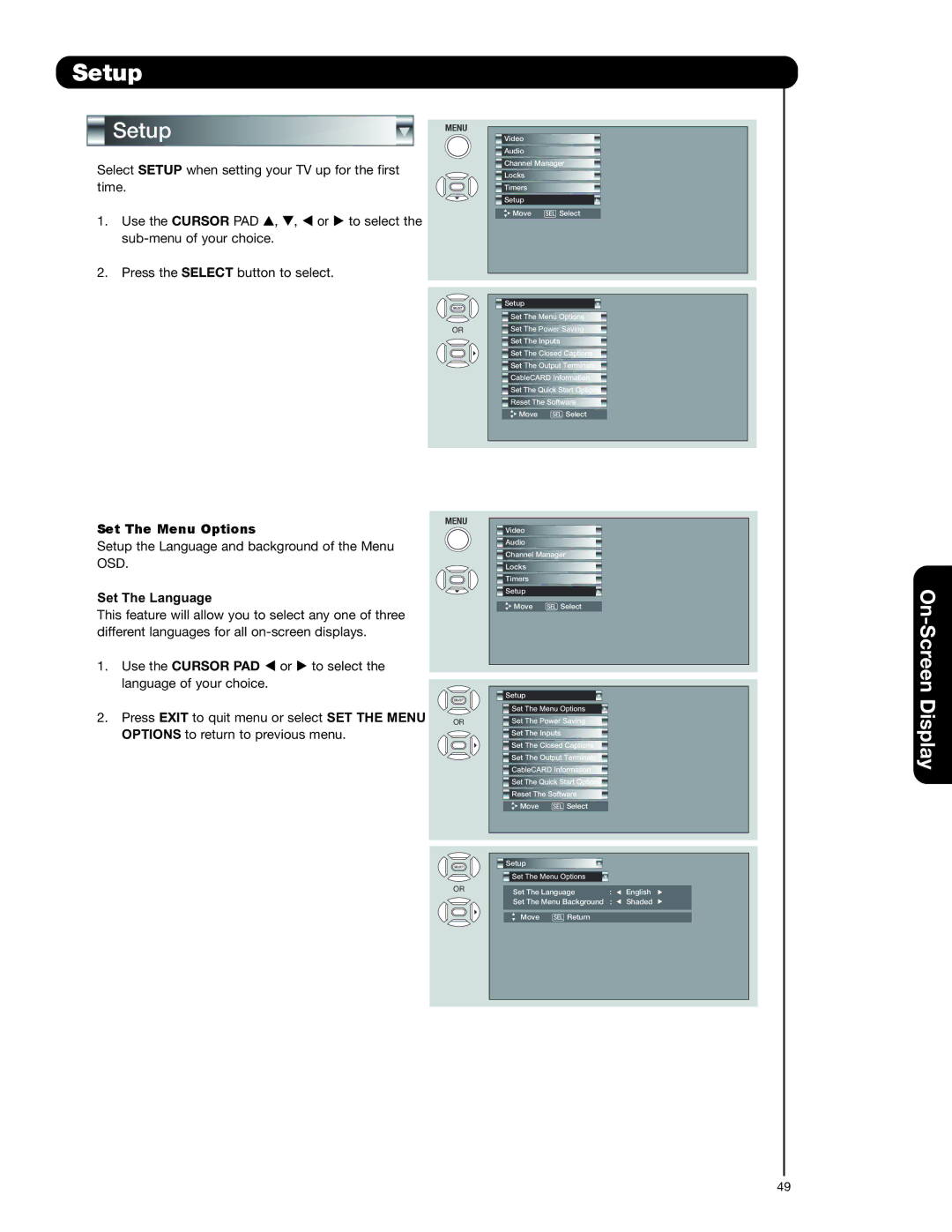 Hitachi 50C20A important safety instructions Setup, Set The Menu Options, Set The Language 