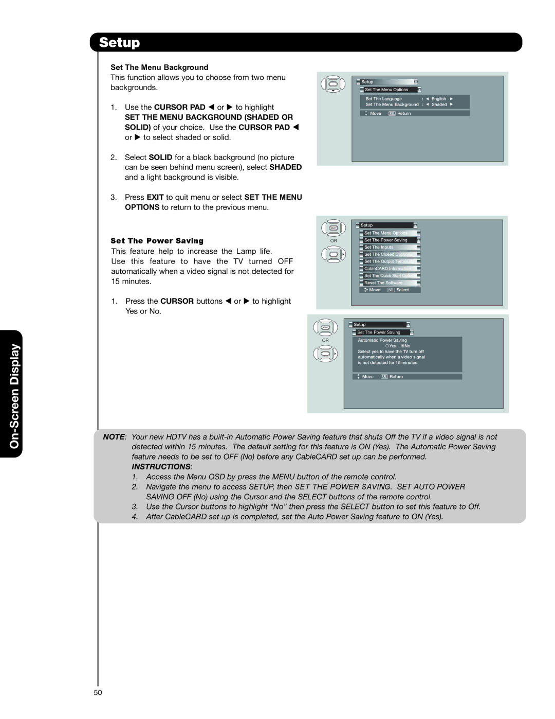 Hitachi 50C20A important safety instructions Set The Menu Background, Set The Power Saving 