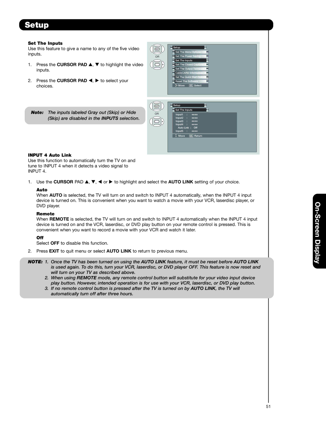 Hitachi 50C20A important safety instructions Set The Inputs, Input 4 Auto Link, Remote, Off 