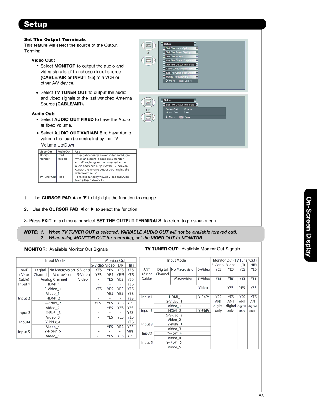 Hitachi 50C20A important safety instructions Set The Output Terminals, Video Out, Audio Out, Use Cursor PAD or 