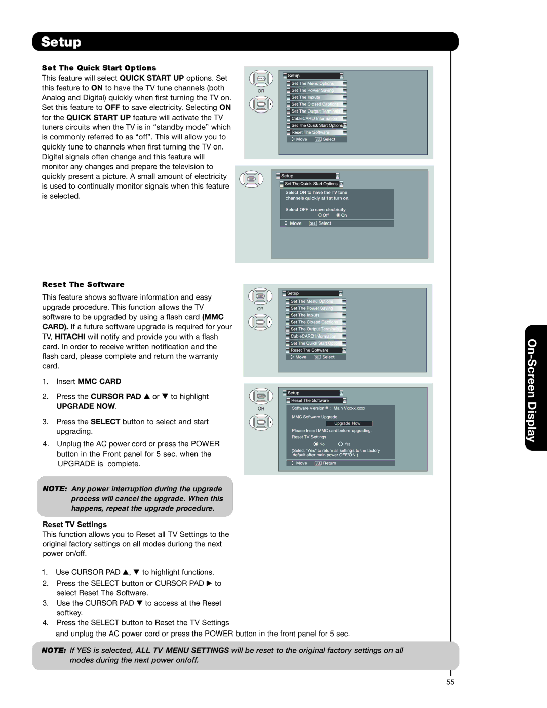 Hitachi 50C20A Set The Quick Start Options, Reset The Software, Insert MMC Card, Upgrade NOW, Reset TV Settings 