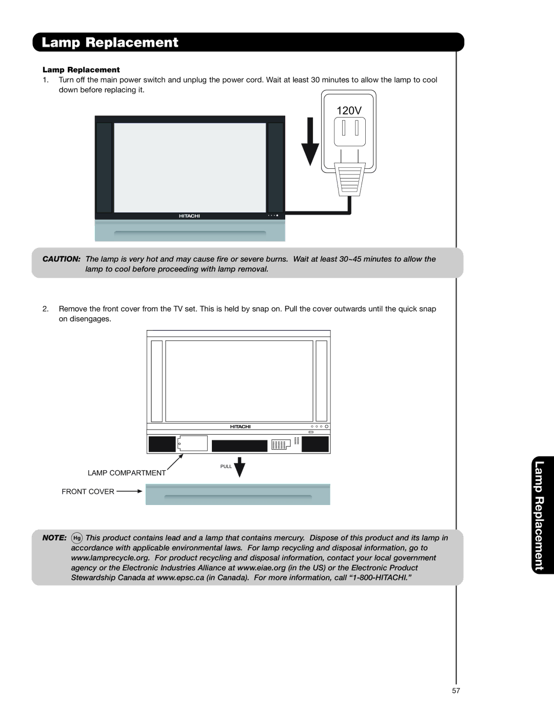 Hitachi 50C20A important safety instructions 120V 