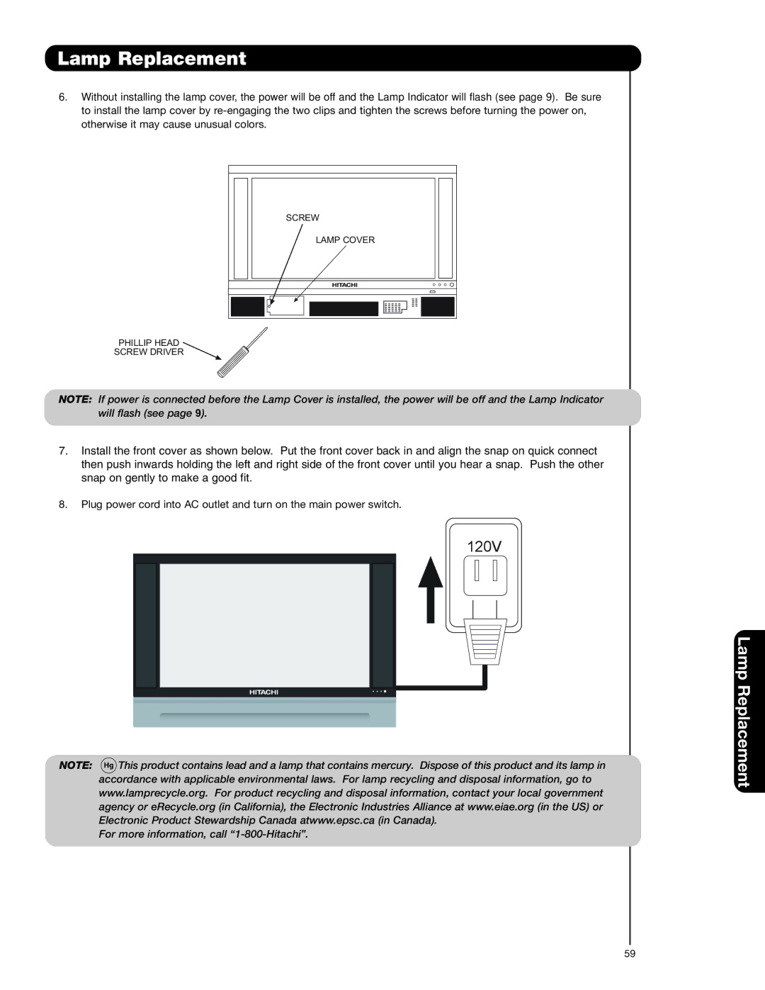 Hitachi 50C20A important safety instructions 120V 