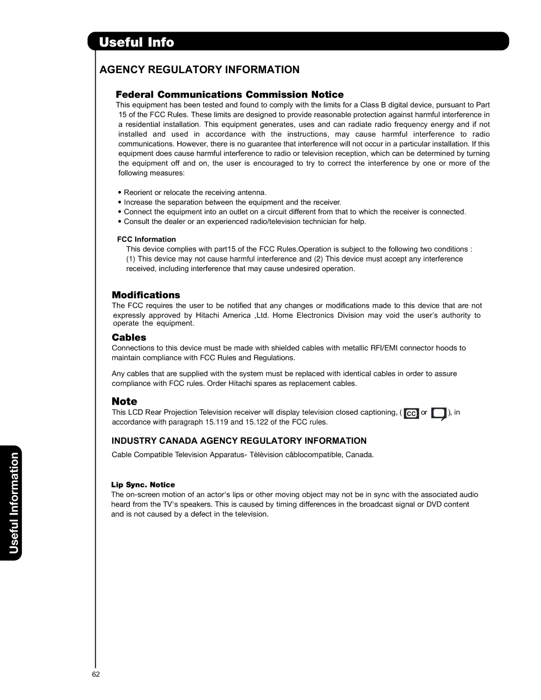 Hitachi 50C20A important safety instructions Useful Info, FCC Information, Lip Sync. Notice 