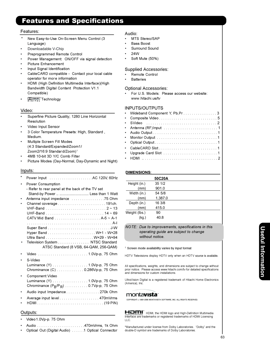 Hitachi 50C20A important safety instructions Features and Specifications, Dimensions 