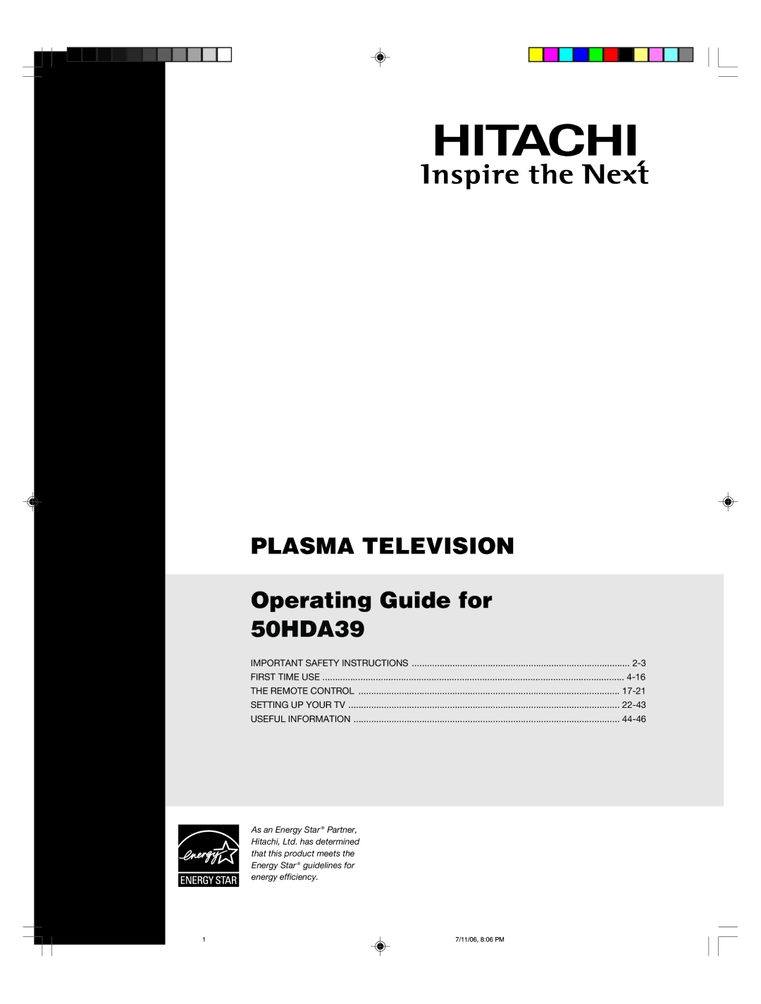 Hitachi 50HDA39 important safety instructions Plasma Television 