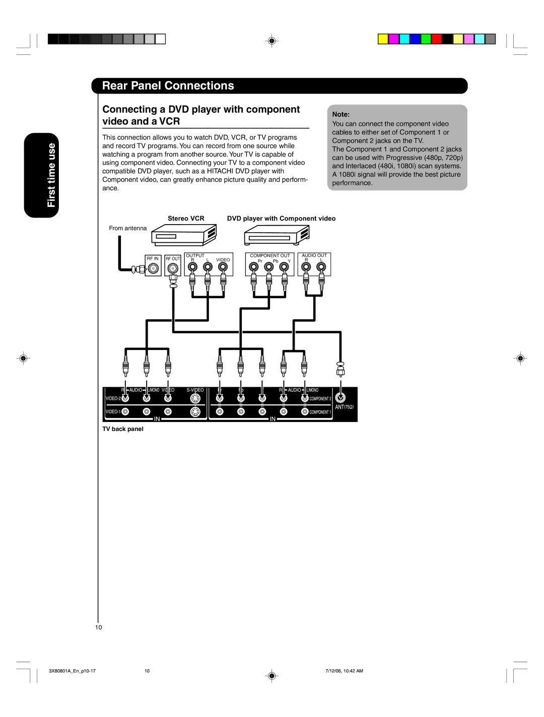 Hitachi 50HDA39 important safety instructions Connecting a DVD player with component video and a VCR, Stereo VCR 