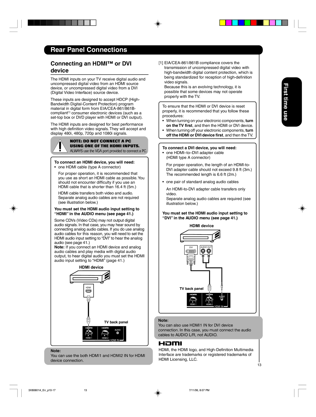 Hitachi 50HDA39 important safety instructions Connecting an Hdmi or DVI device, To connect an Hdmi device, you will need 