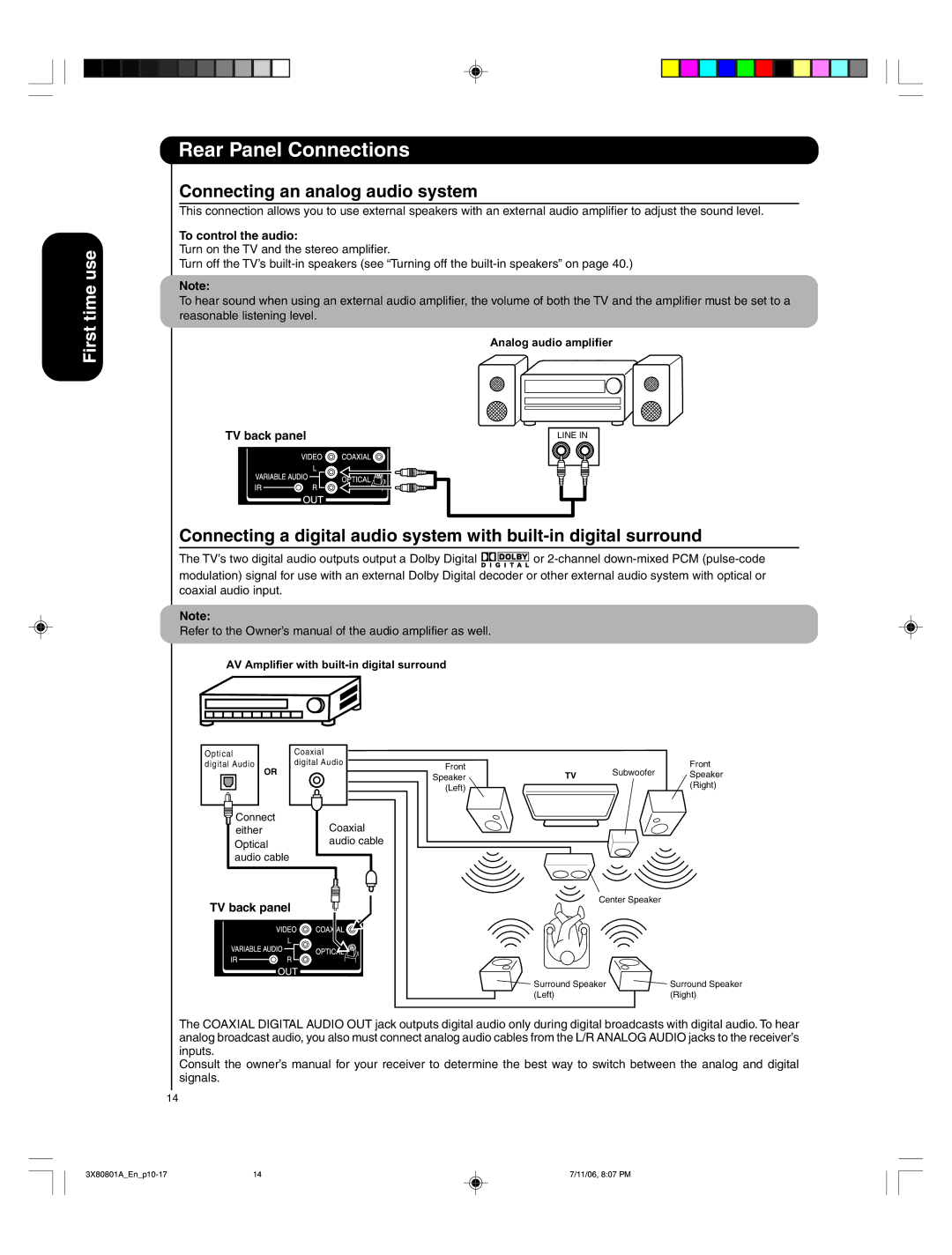 Hitachi 50HDA39 important safety instructions Connecting an analog audio system, To control the audio, TV back panel 