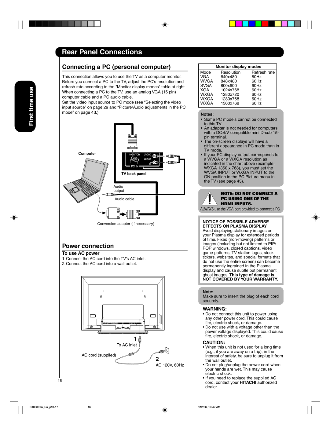 Hitachi 50HDA39 important safety instructions Connecting a PC personal computer, Power connection, Monitor display modes 