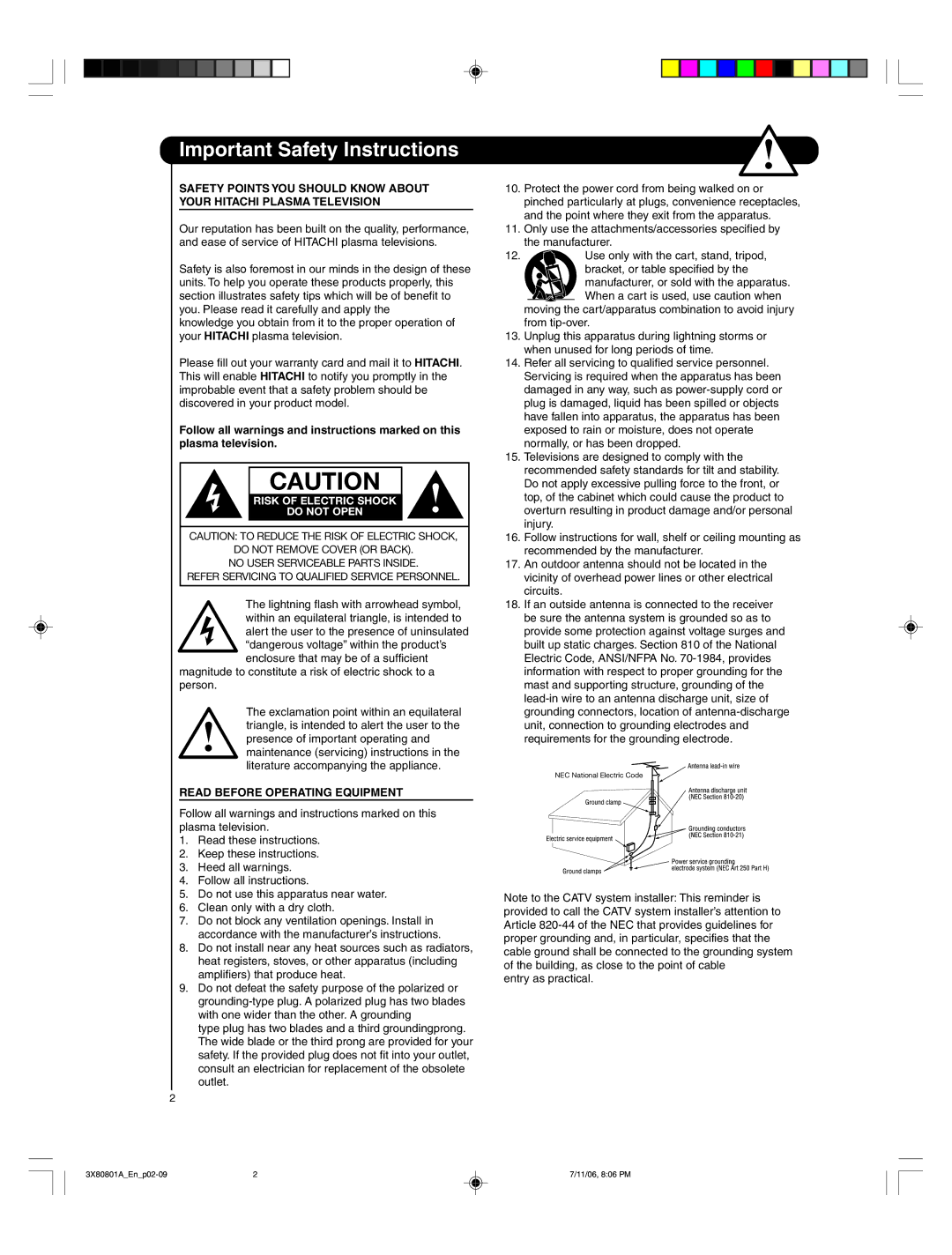 Hitachi 50HDA39 important safety instructions Important Safety Instructions, Do not Open 