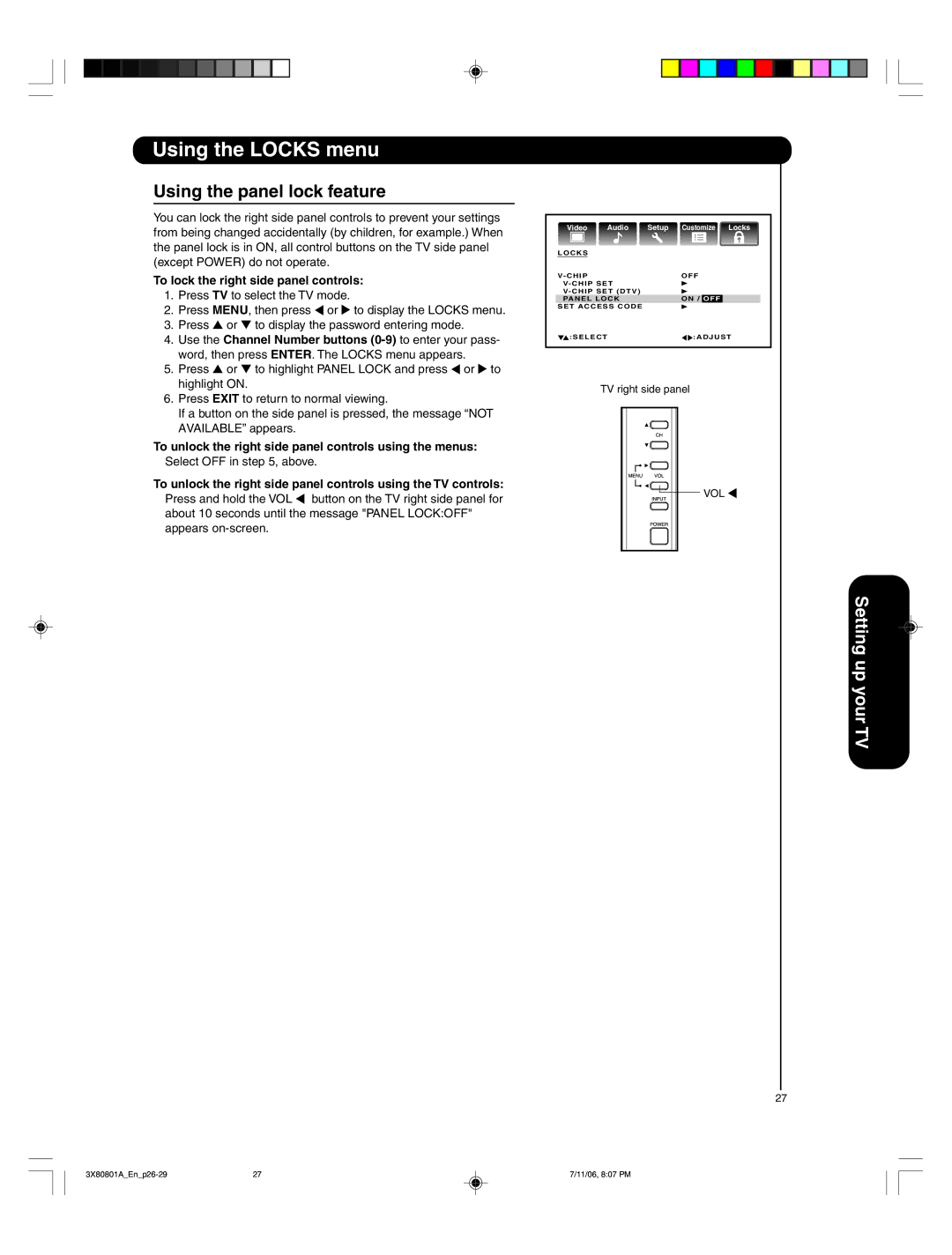 Hitachi 50HDA39 important safety instructions Using the panel lock feature, To lock the right side panel controls 