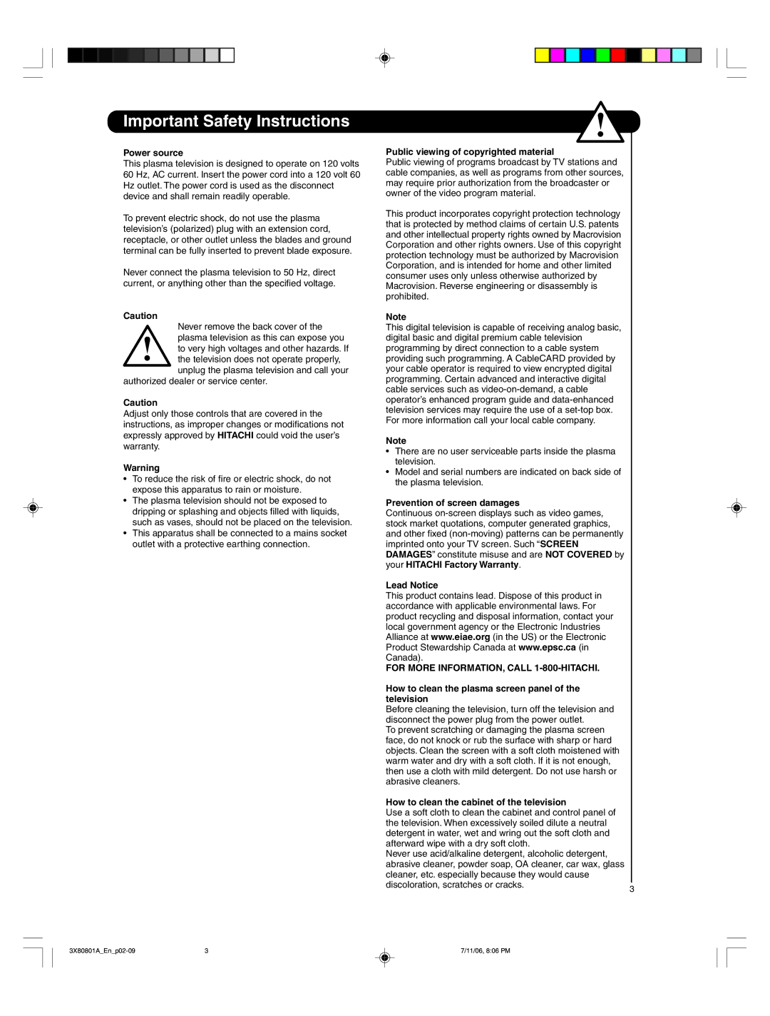 Hitachi 50HDA39 important safety instructions For More INFORMATION, Call 1-800-HITACHI 