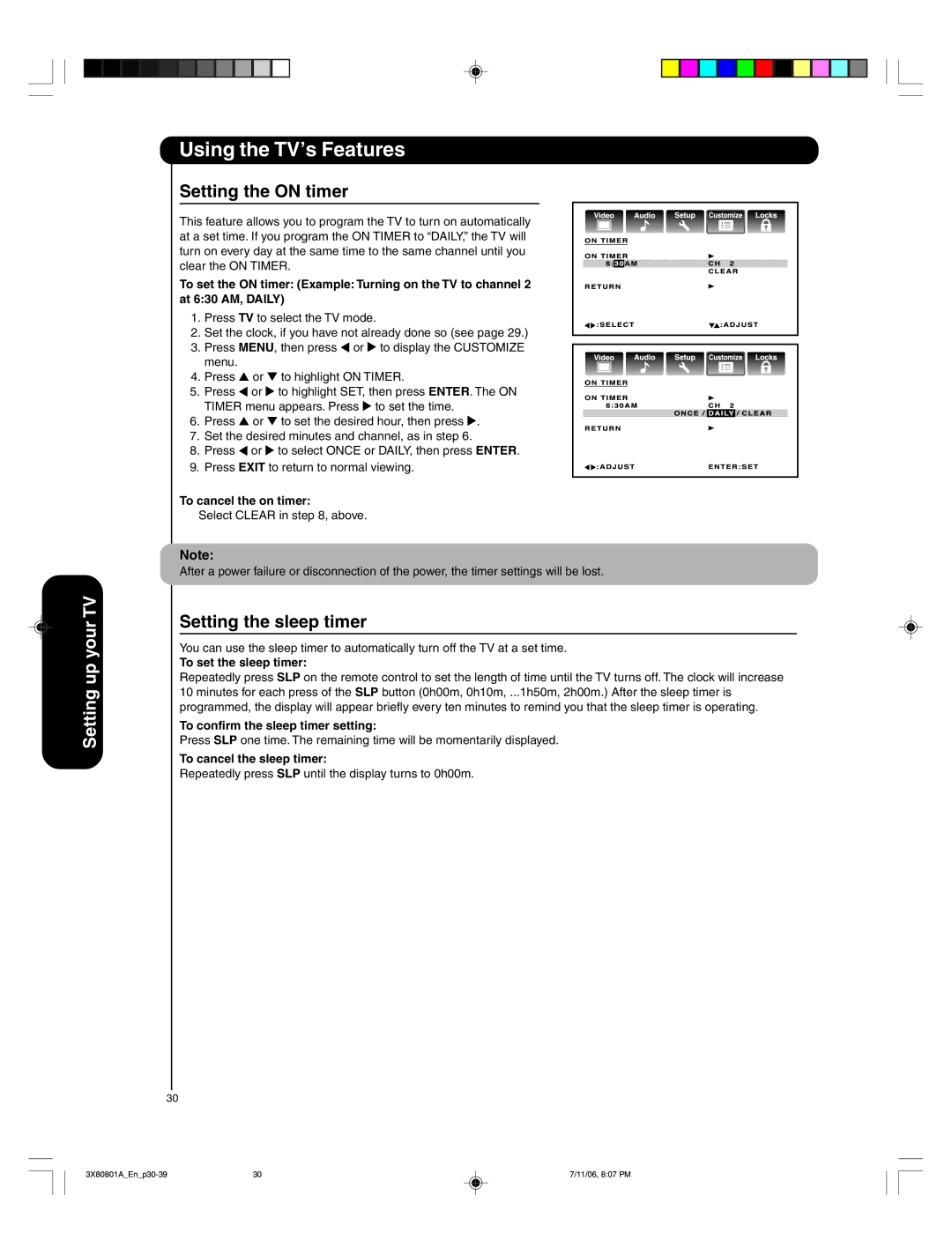 Hitachi 50HDA39 important safety instructions Setting the on timer, Setting the sleep timer 