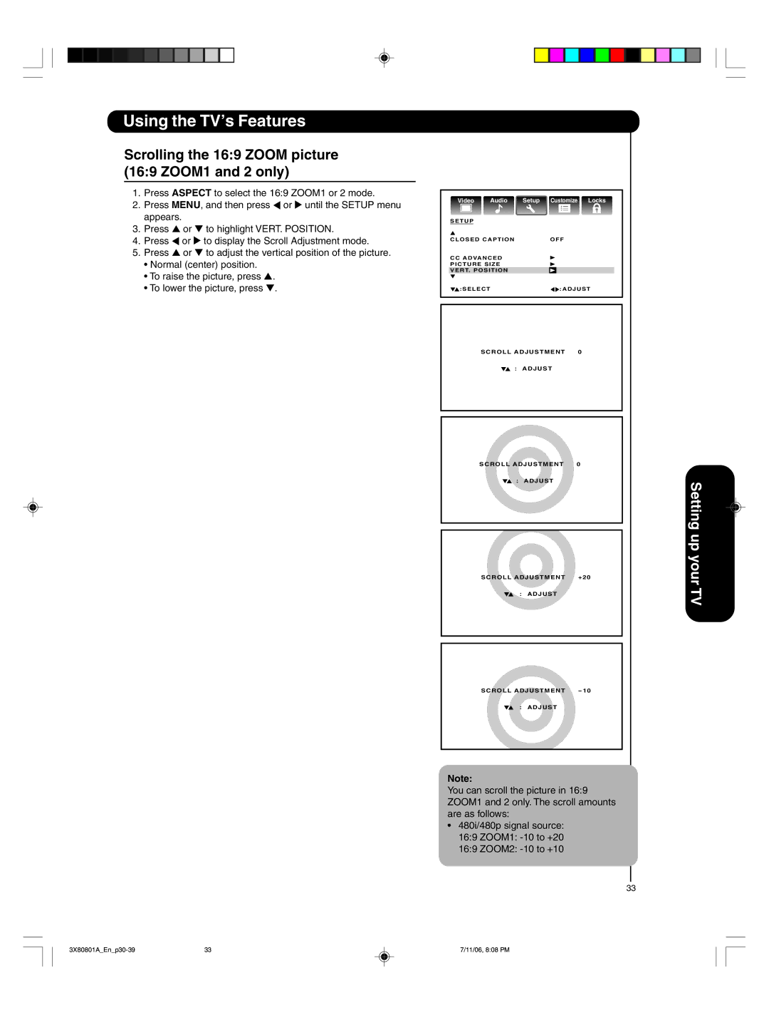 Hitachi 50HDA39 important safety instructions Scrolling the 169 Zoom picture 169 ZOOM1 and 2 only 