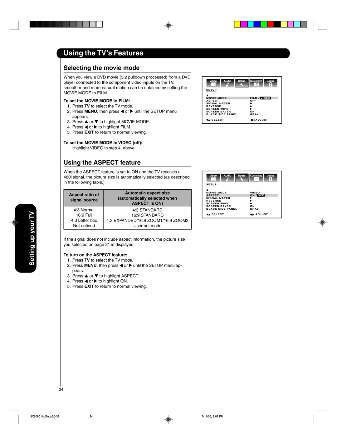 Hitachi 50HDA39 important safety instructions Selecting the movie mode, Using the Aspect feature 