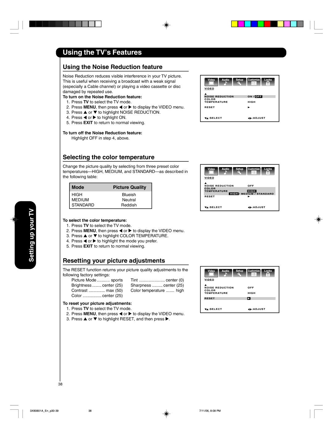 Hitachi 50HDA39 Using the Noise Reduction feature, Selecting the color temperature, Resetting your picture adjustments 