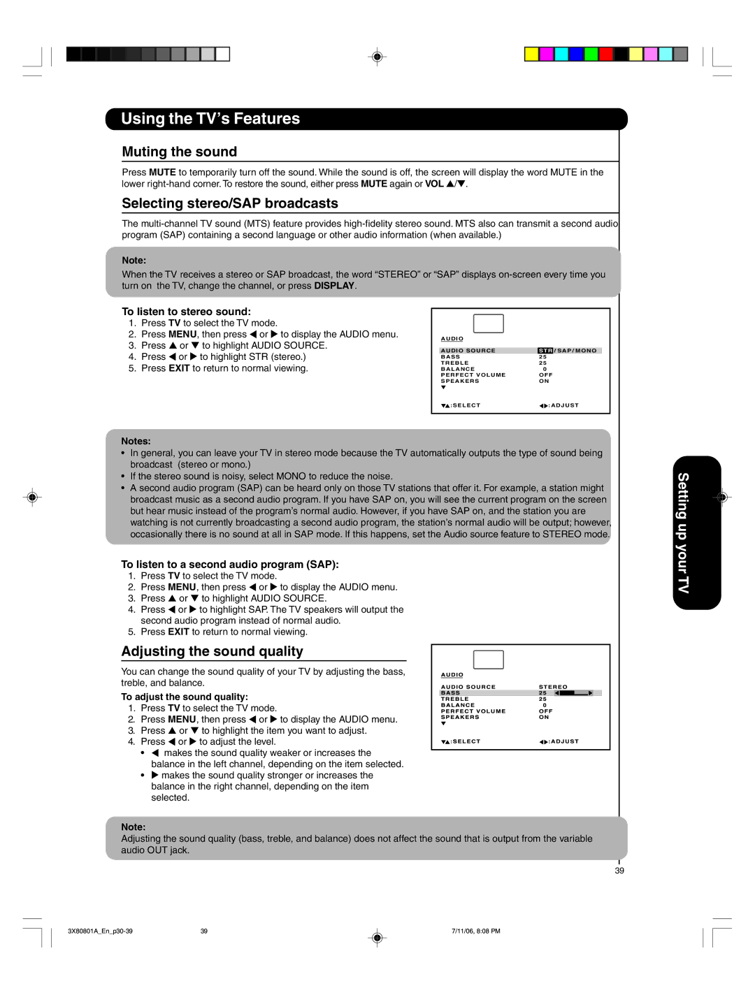 Hitachi 50HDA39 Muting the sound, Selecting stereo/SAP broadcasts, Adjusting the sound quality 