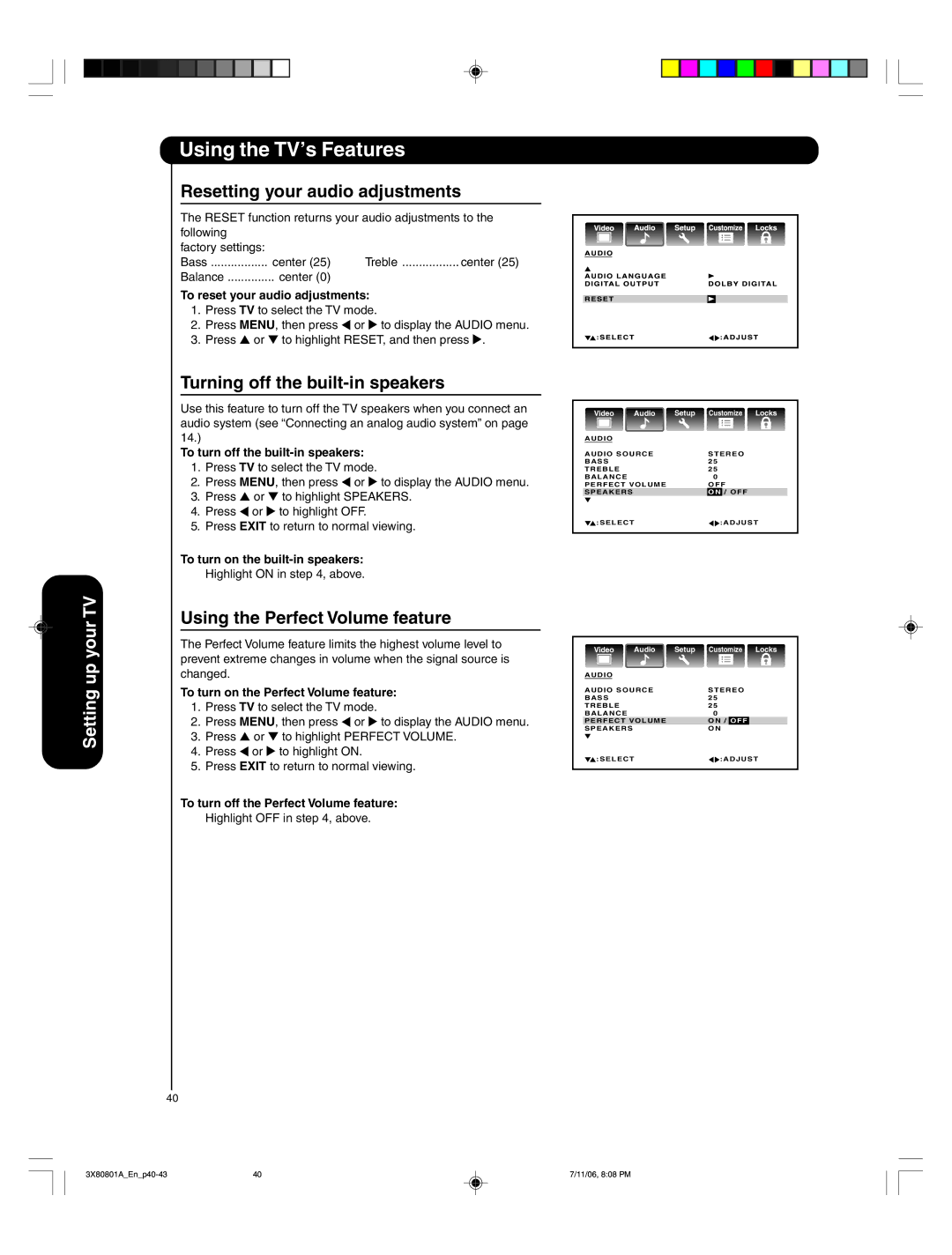 Hitachi 50HDA39 Resetting your audio adjustments, Turning off the built-in speakers, Using the Perfect Volume feature 