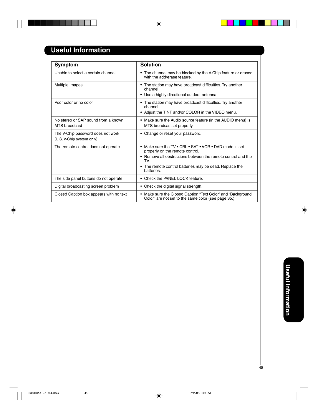 Hitachi 50HDA39 important safety instructions V-Chip system only 