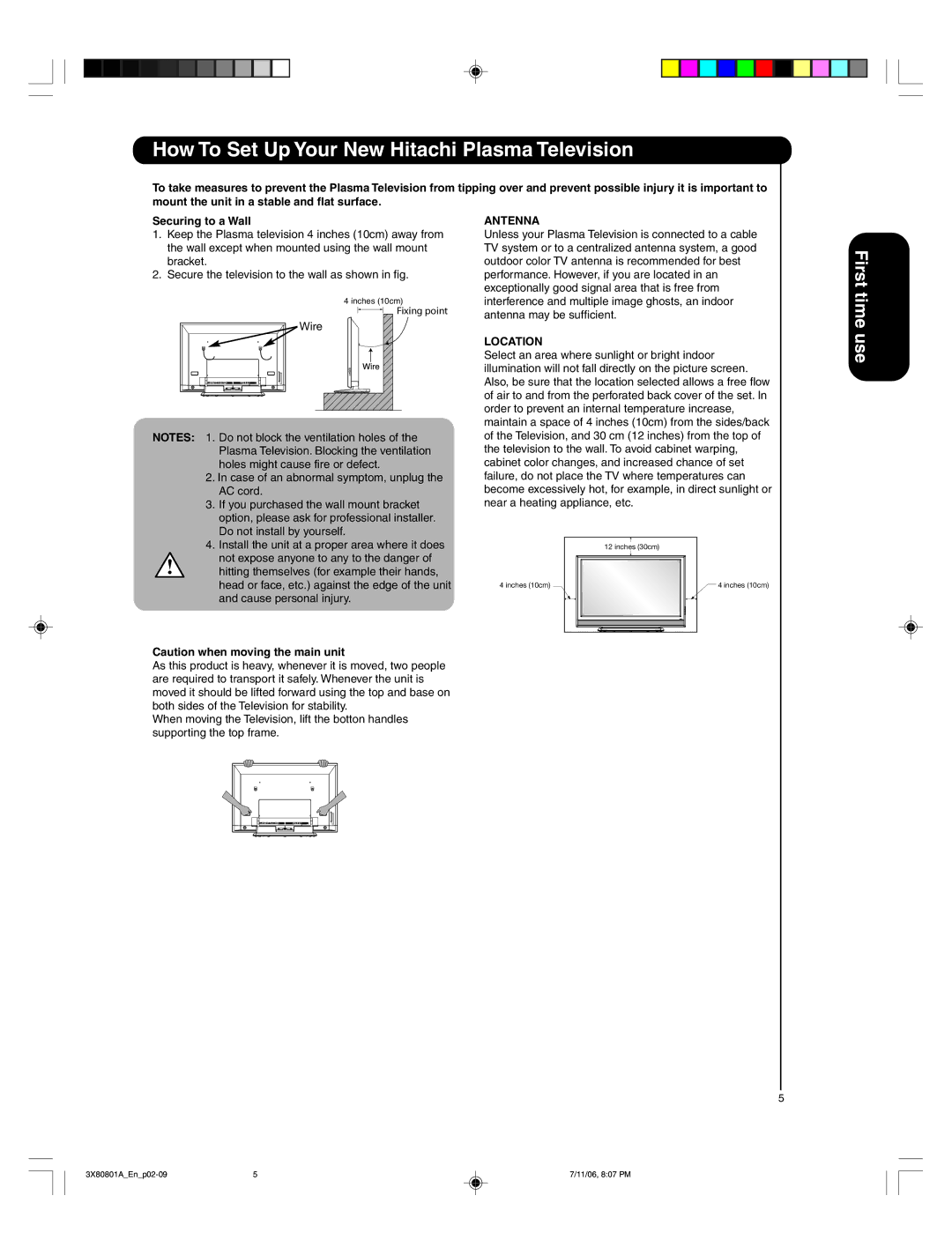 Hitachi 50HDA39 important safety instructions How To Set Up Your New Hitachi Plasma Television, Antenna 