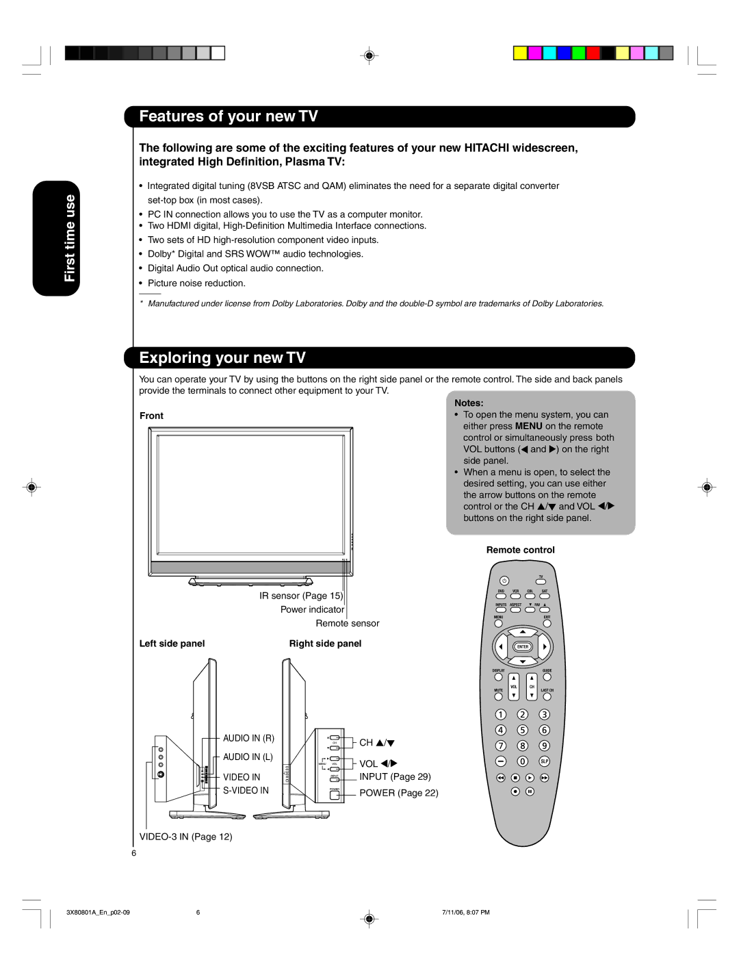 Hitachi 50HDA39 Features of your new TV, Exploring your new TV, Front, Left side panel Right side panel, Remote control 