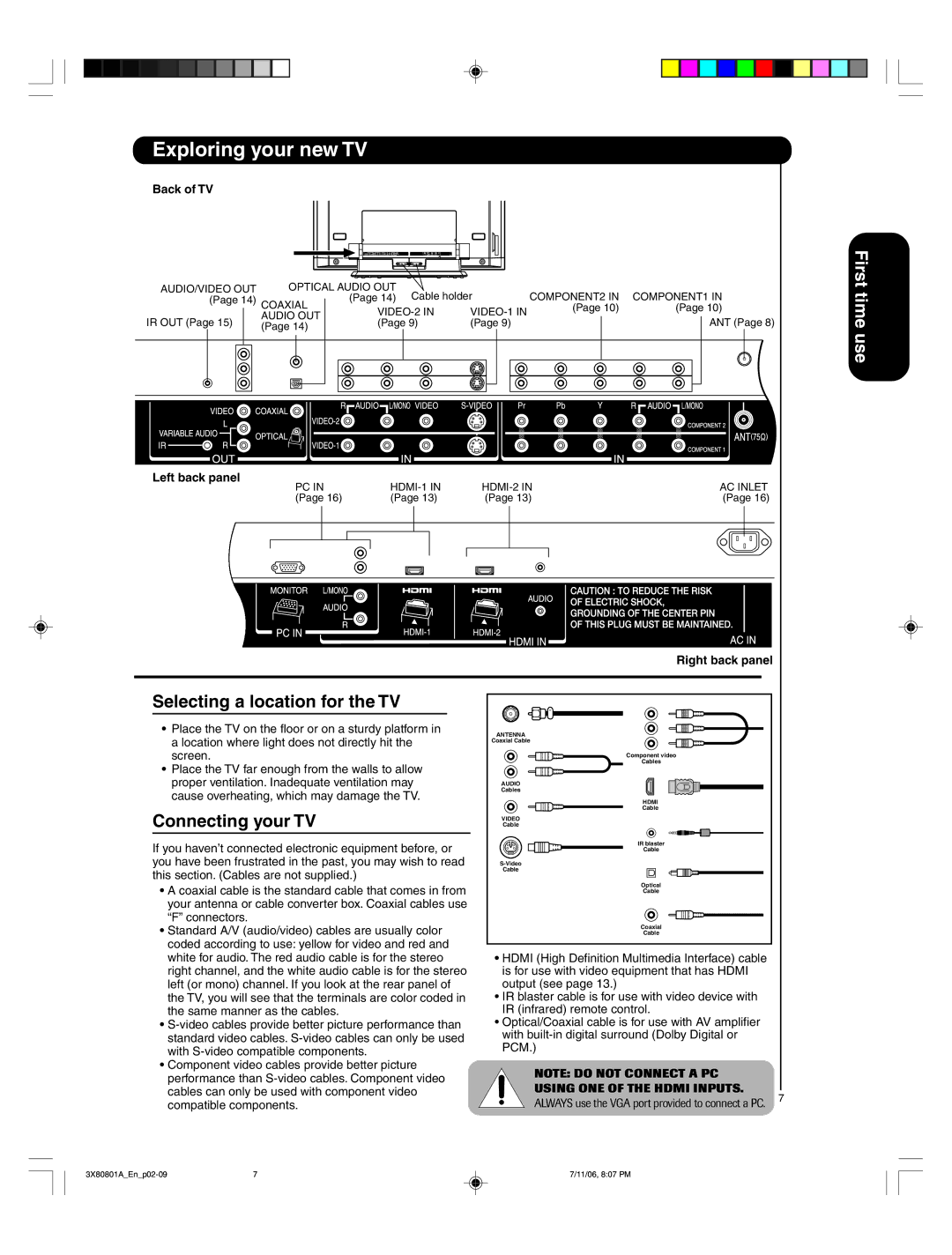 Hitachi 50HDA39 Selecting a location for the TV, Connecting your TV, Back of TV, Left back panel, Right back panel 