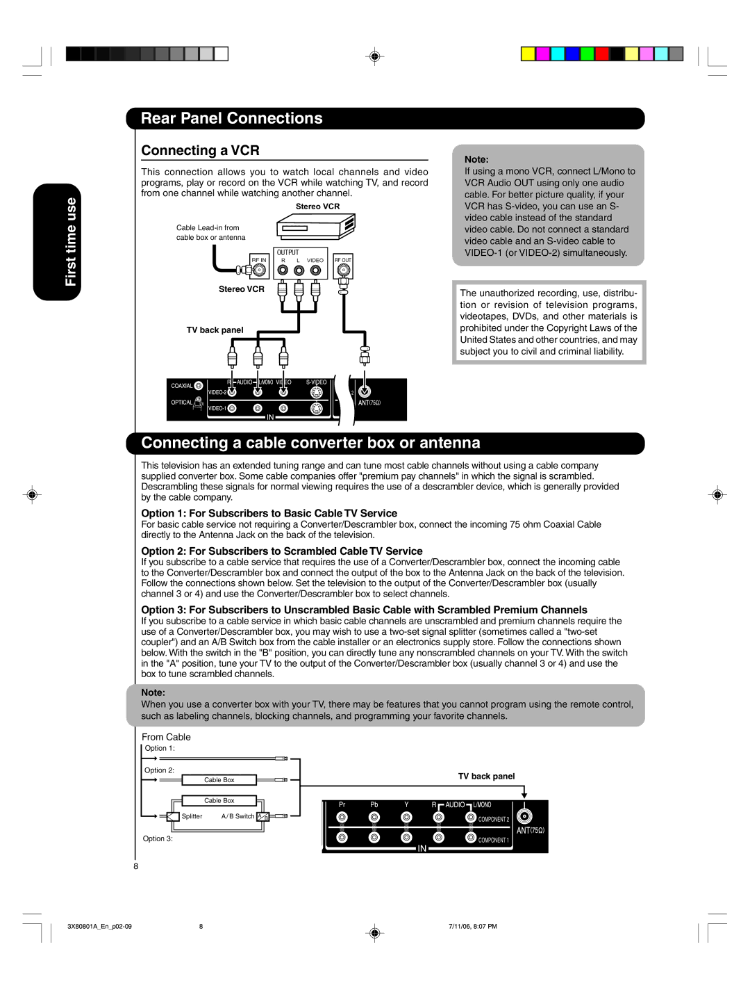 Hitachi 50HDA39 Rear Panel Connections, Connecting a cable converter box or antenna, Connecting a VCR 