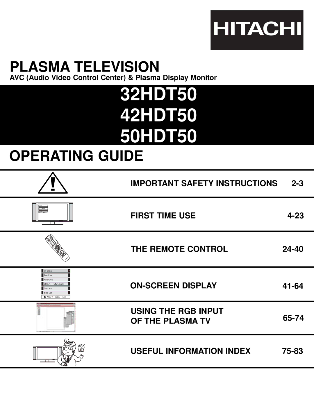 Hitachi 42HDT50 important safety instructions Important Safety Instructions, First Time USE, Remote Control, Plasma TV 