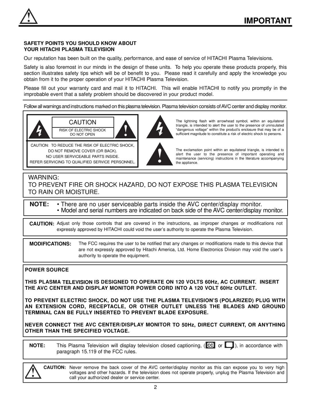 Hitachi 32HDT50, 50HDT50, 42HDT50 important safety instructions Power Source 