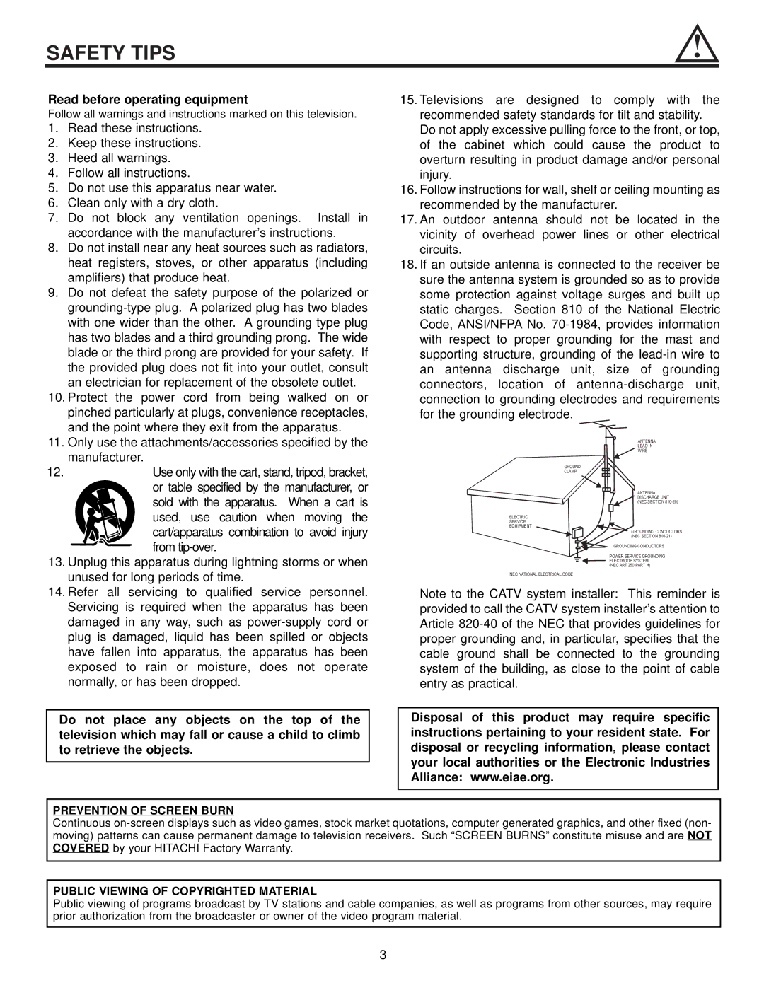 Hitachi 50HDT50 Safety Tips, Or table specified by the manufacturer, or, Cart/apparatus combination to avoid injury 