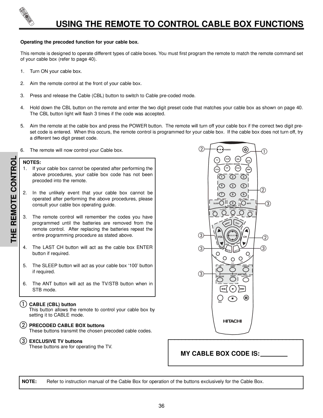 Hitachi 50HDT50 Using the Remote to Control Cable BOX Functions, Operating the precoded function for your cable box 
