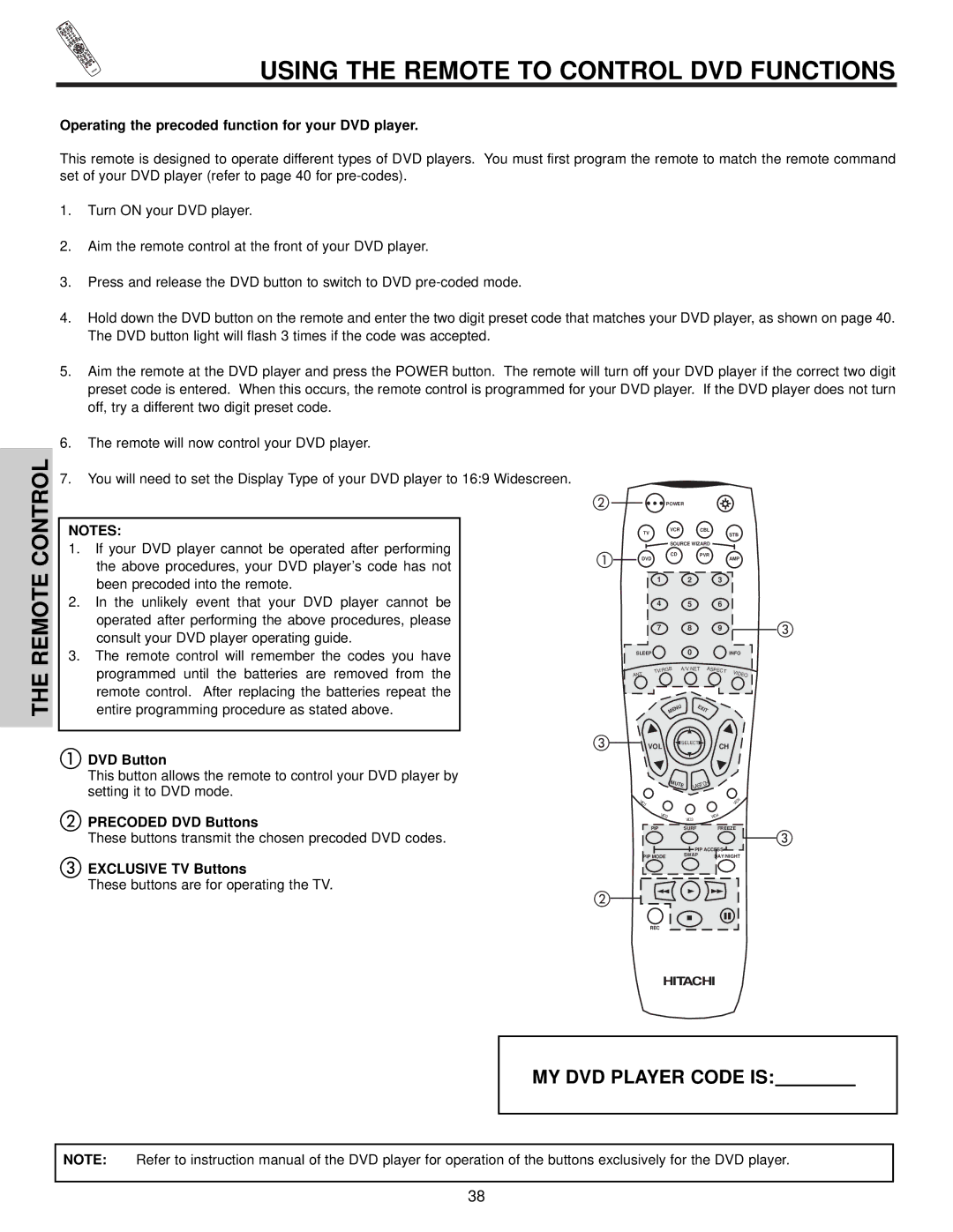 Hitachi 32HDT50, 50HDT50 Using the Remote to Control DVD Functions, Operating the precoded function for your DVD player 