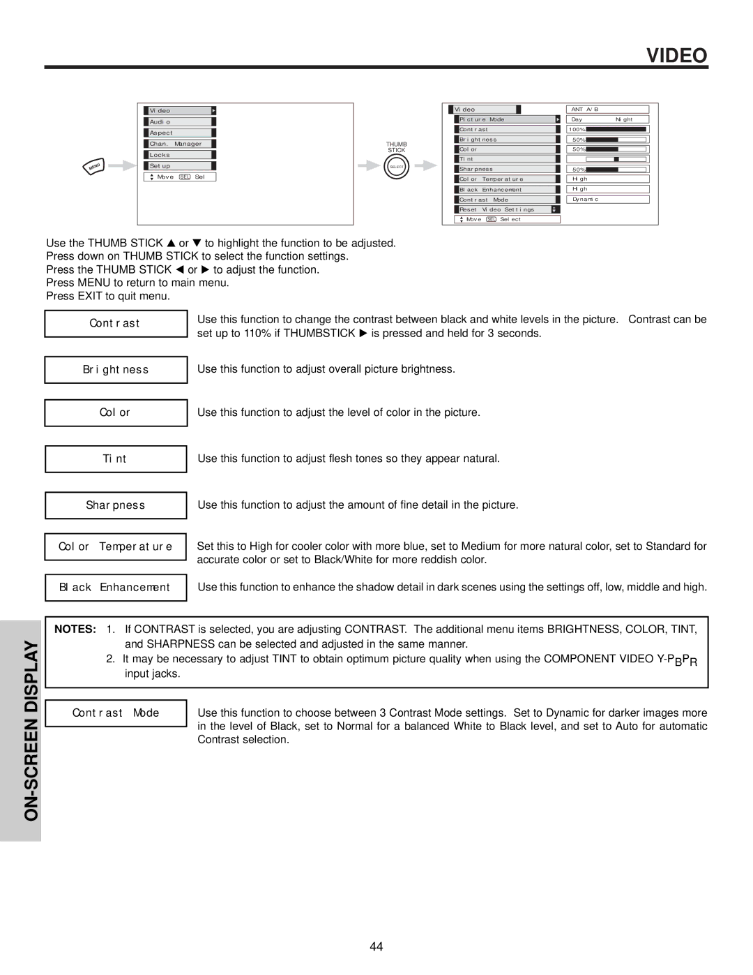 Hitachi 32HDT50, 50HDT50 Use the Thumb Stick, Press down on Thumb Stick to select the function settings, ON-SCREEN Display 