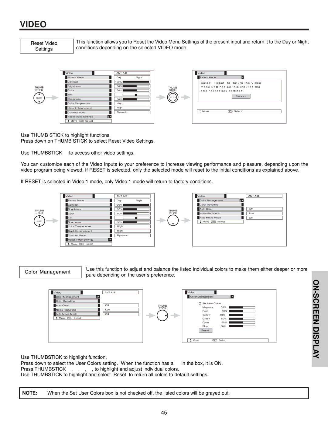 Hitachi 50HDT50, 42HDT50, 32HDT50 Reset Video Settings, Color Management, Pure depending on the user’s preference 