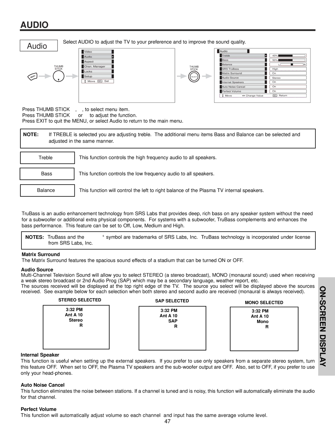 Hitachi 32HDT50, 50HDT50, 42HDT50 important safety instructions Audio, Treble, Bass, Balance 