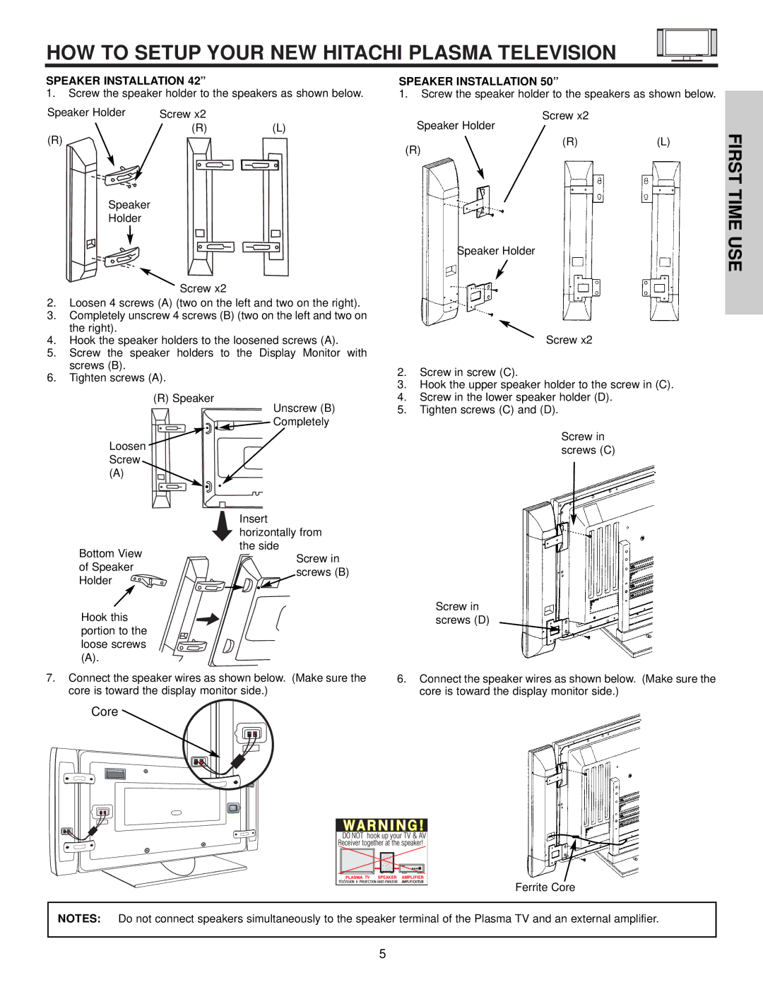 Hitachi 32HDT50, 50HDT50 HOW to Setup Your NEW Hitachi Plasma Television, Speaker Installation, Holder, Ferrite Core 