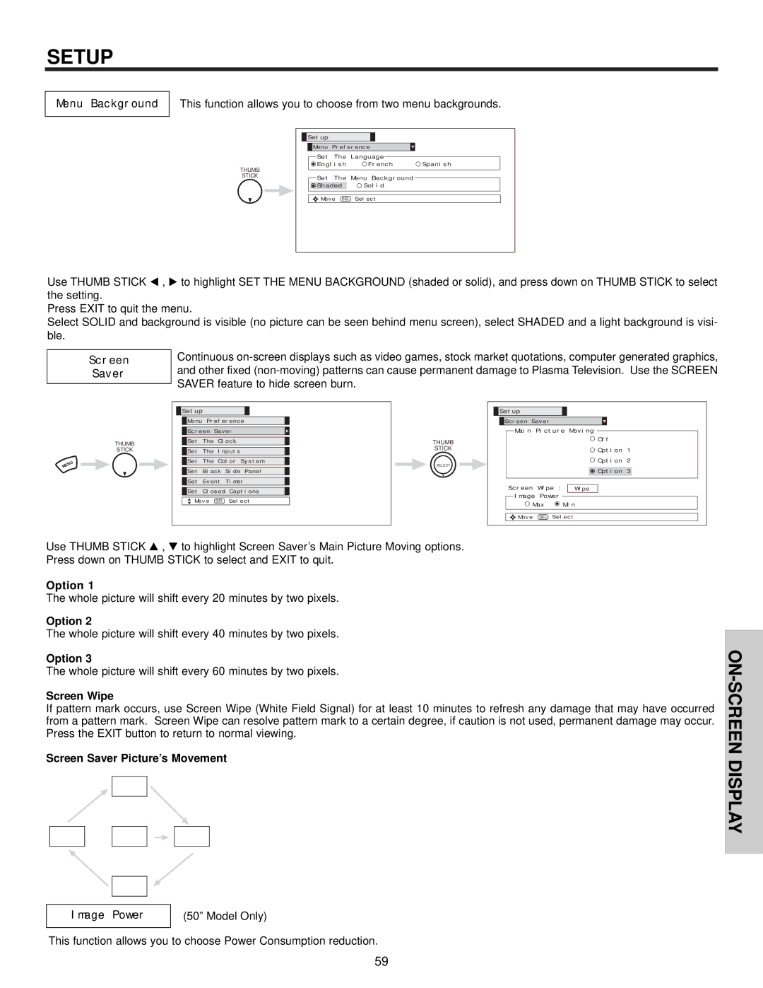 Hitachi 32HDT50, 50HDT50, 42HDT50 important safety instructions Setup, Menu Background, Screen, Saver, Image Power 