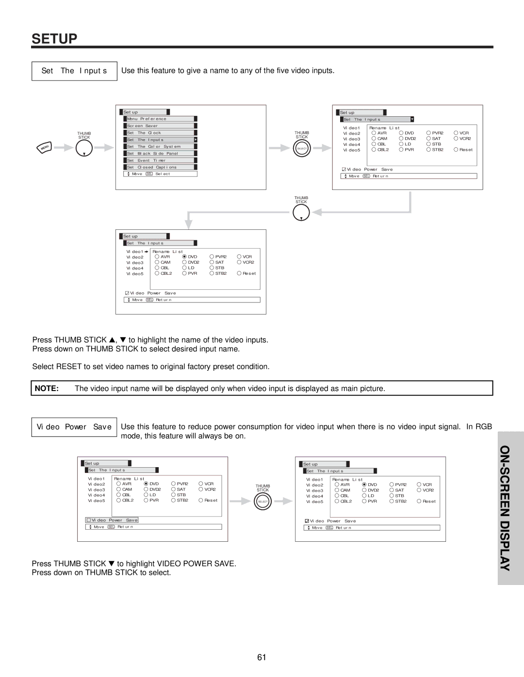 Hitachi 42HDT50, 50HDT50, 32HDT50 important safety instructions Set The Inputs, Video Power Save 