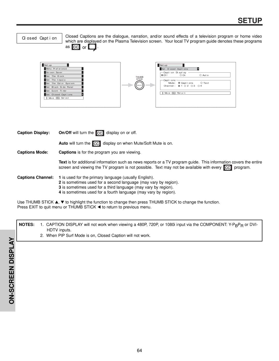 Hitachi 42HDT50, 50HDT50, 32HDT50 important safety instructions When PIP Surf Mode is on, Closed Caption will not work 