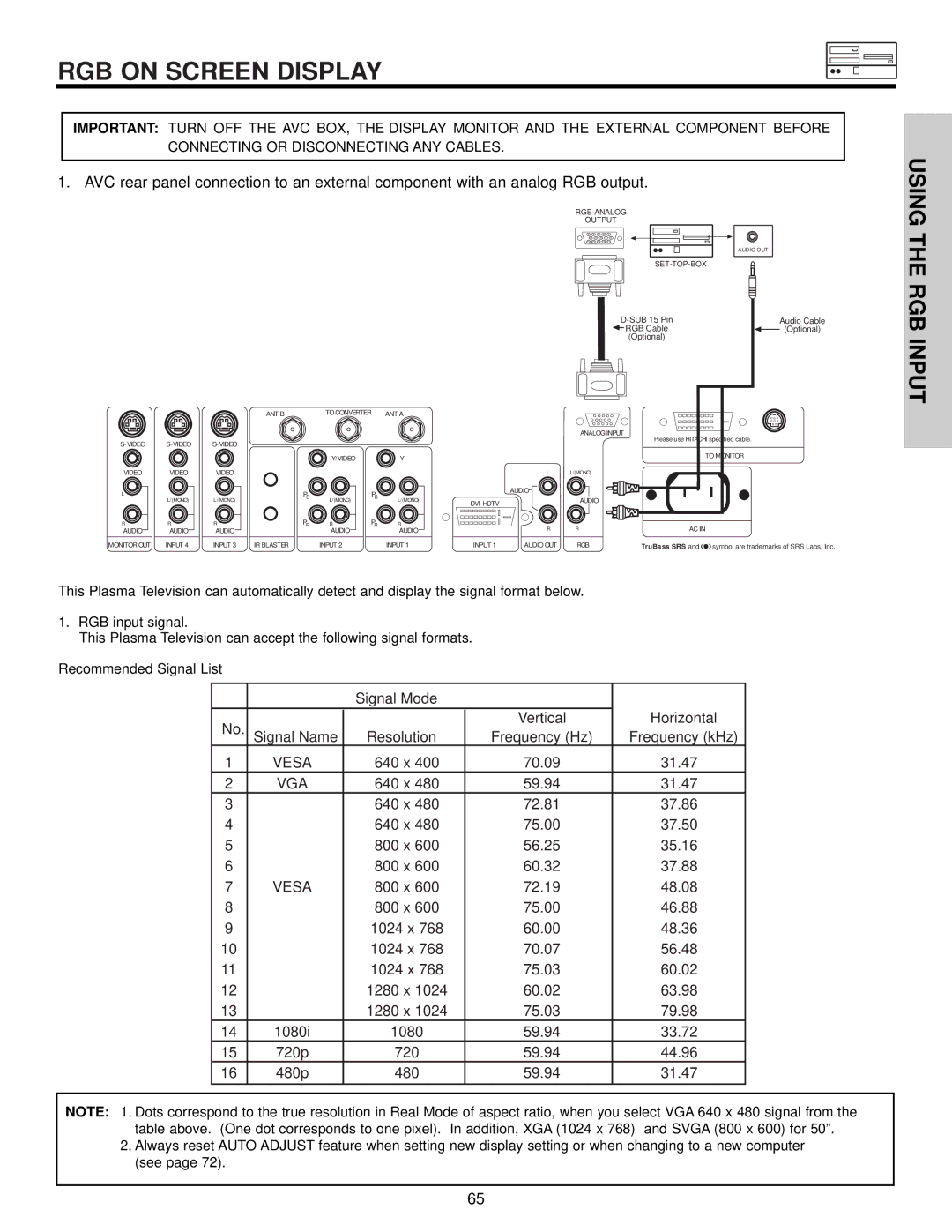 Hitachi 32HDT50, 50HDT50, 42HDT50 important safety instructions RGB on Screen Display 