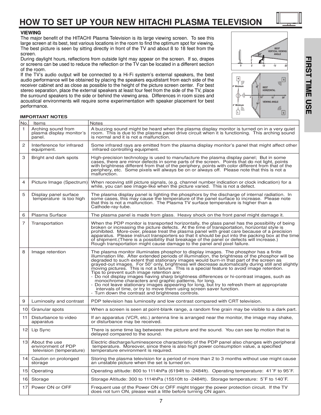 Hitachi 42HDT50, 50HDT50, 32HDT50 important safety instructions HOW to SET UP Your NEW Hitachi Plasma Television, Viewing 