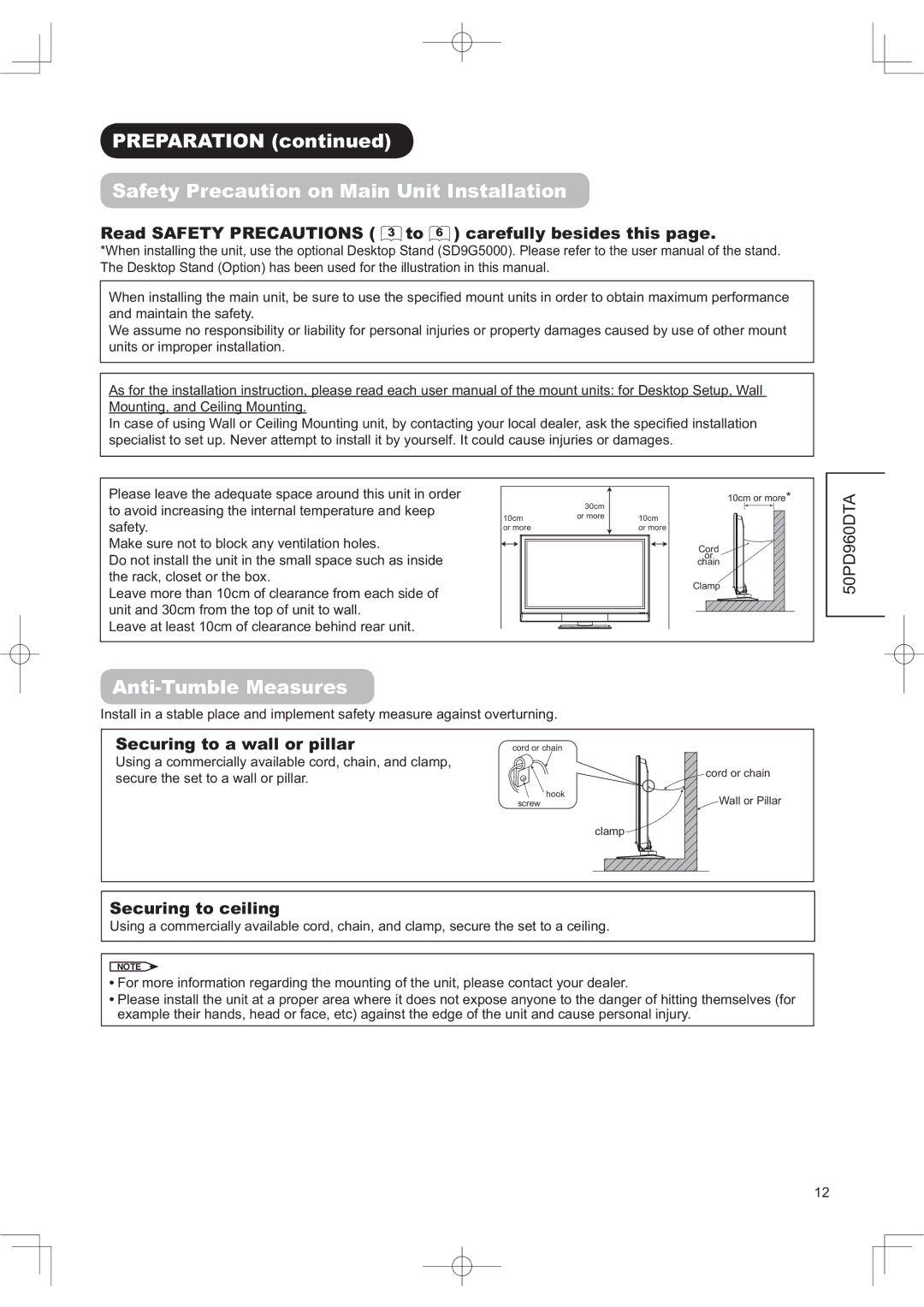 Hitachi 50PD960DTA manual 353$5$7,21FRQWLQXHG, 6DIHW\3UHFDXWLRQRQ0DLQ8QLW,QVWDOODWLRQ, $QWL7X EOH0HDVXUHV 