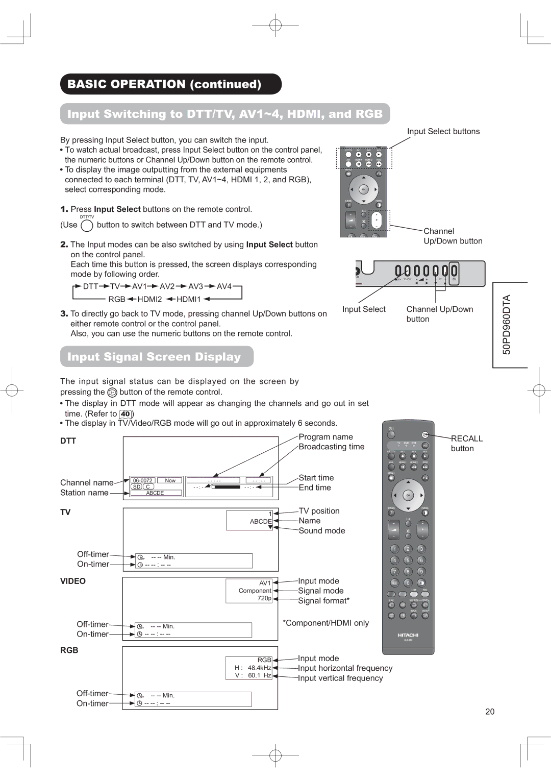 Hitachi 50PD960DTA manual QSXW6LJQDO6FUHHQLVSOD, 2IIWLPHU 