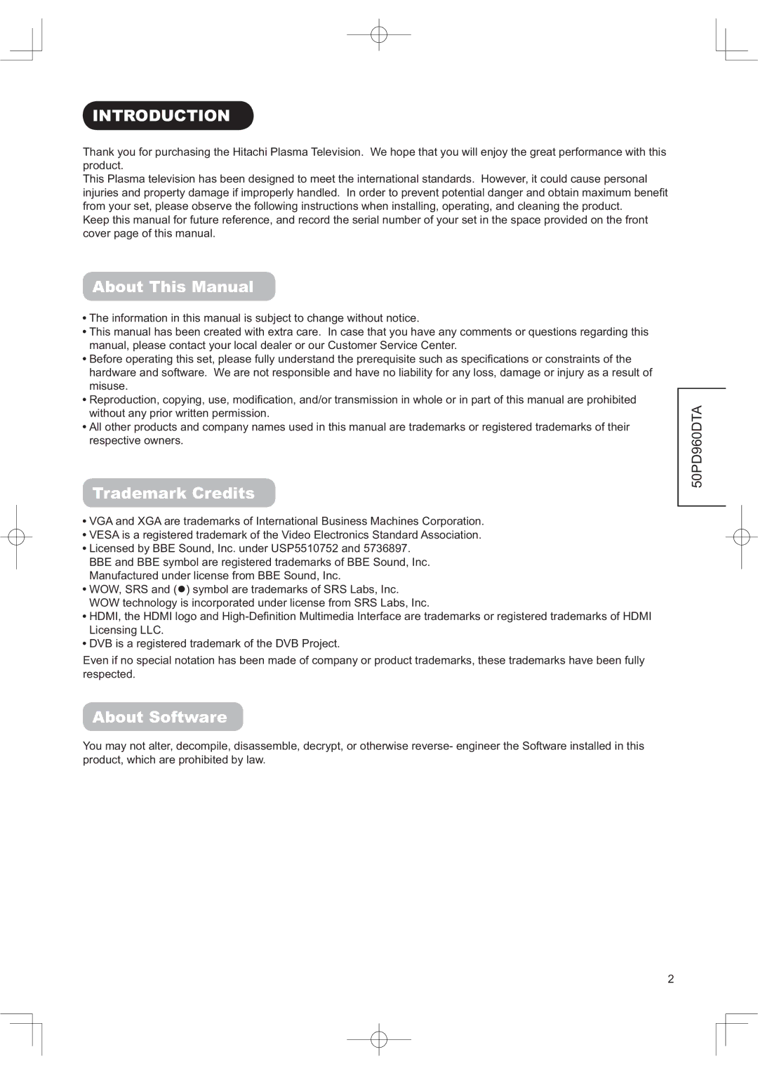 Hitachi 50PD960DTA manual 17528&7,21, $ERXW7KLV0DQXDO, 7UDGH DUN&UHGLWV, $ERXW6RIWZDUH 