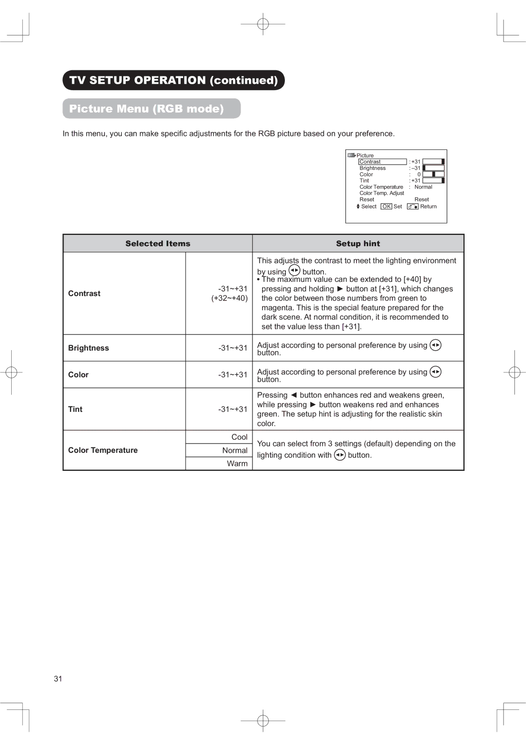 Hitachi 50PD960DTA manual 3LFWXUH0HQX5*% RGH, Exwwrq, Froru Rro 