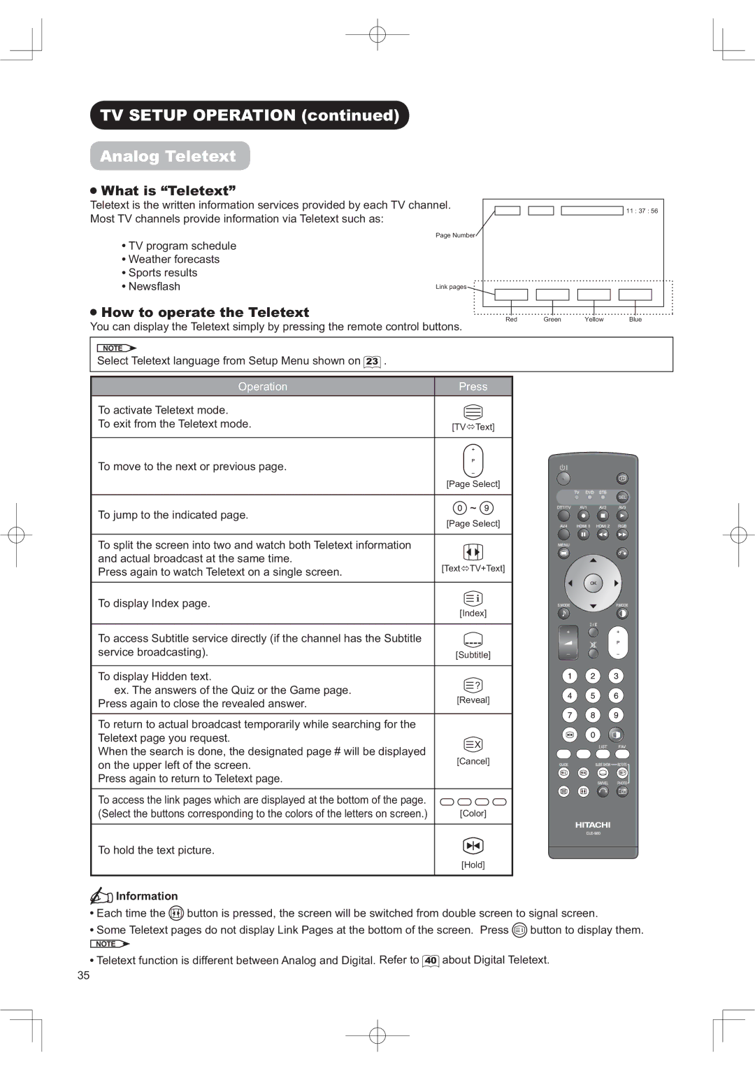 Hitachi 50PD960DTA manual $QDORJ7HOHWHW, +RZWRRSHUDWHWKH7HOHWHW 