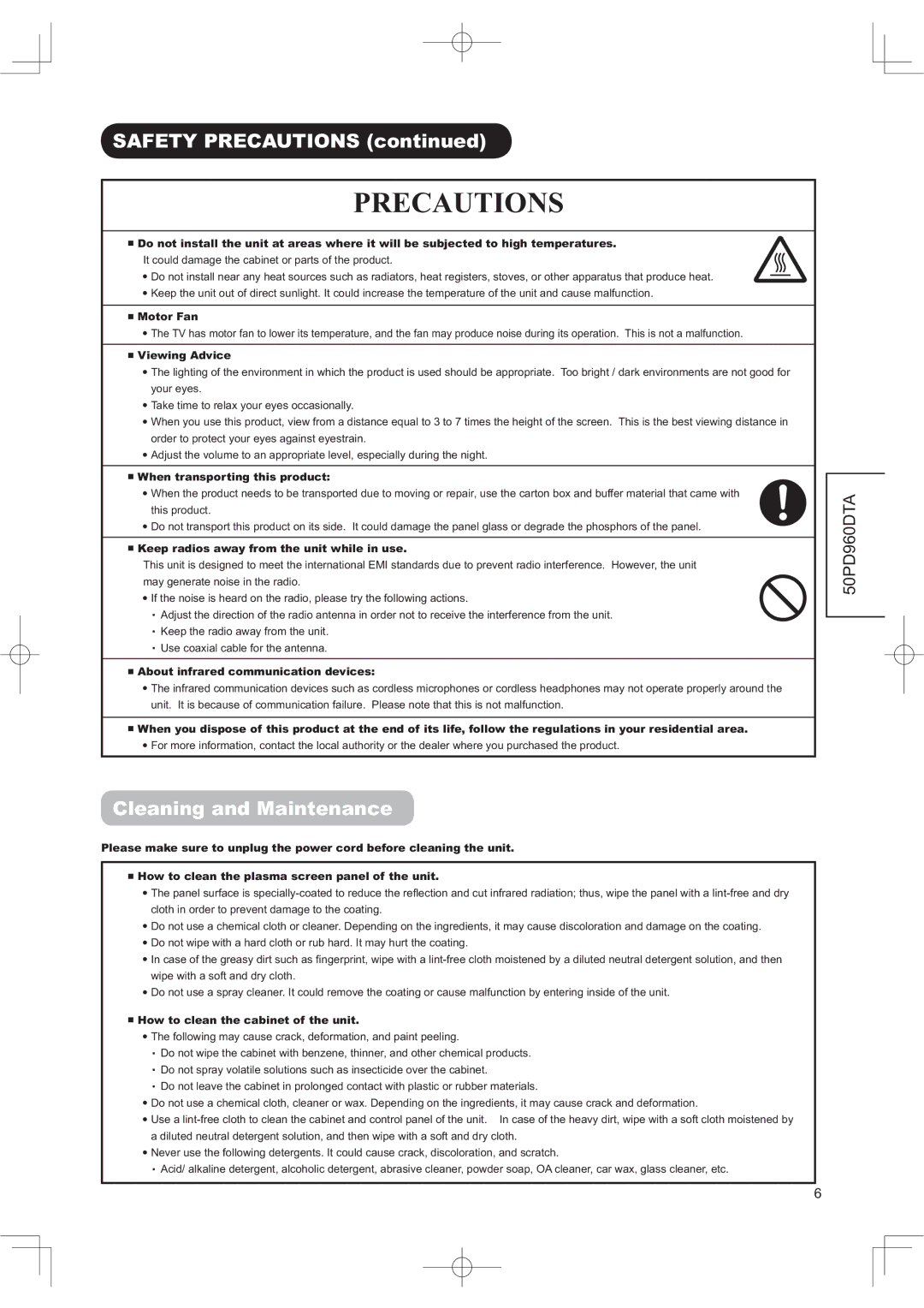 Hitachi 50PD960DTA manual 35&$87,216, OHDQLQJDQG0DLQWHQDQFH 