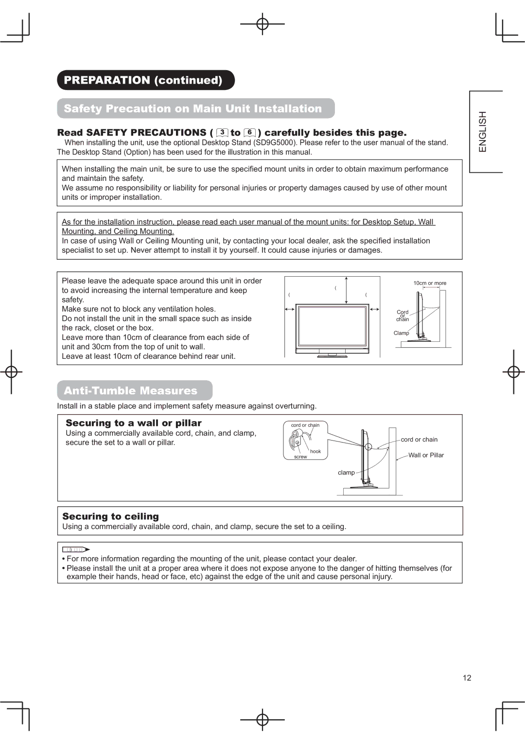 Hitachi 50PD9800TA manual 353$5$7,21FRQWLQXHG, 6DIHW\3UHFDXWLRQRQ0DLQ8QLW,QVWDOODWLRQ, $QWL7X EOH0HDVXUHV 