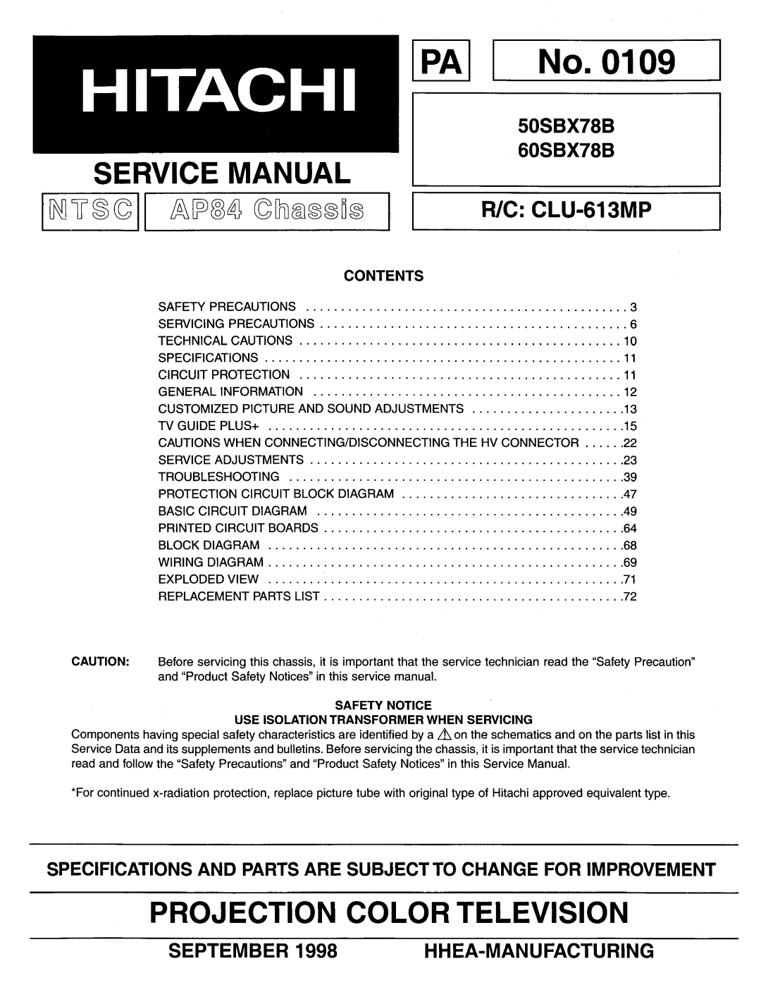 Hitachi 60SBX78B, 50SBX78B service manual Projection Color Television, Contents 